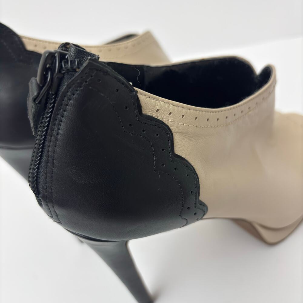 Trouve Two Tone Black & Ivory Vintage Style Stiletto Peep Toe Leather Booties-10 - Picture 5 of 10
